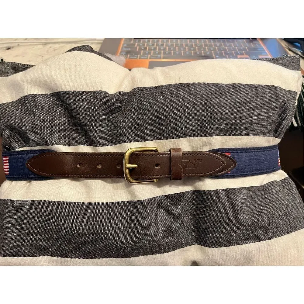 Vineyard Vines Navy American Flag Leather & Canvas Belt sz 30 EUC
